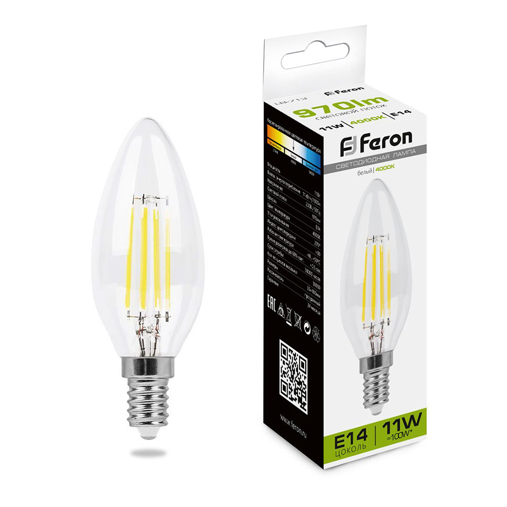 Лампа светодиодная, (11W) 230V E14 4000K прозрачная, LB-713