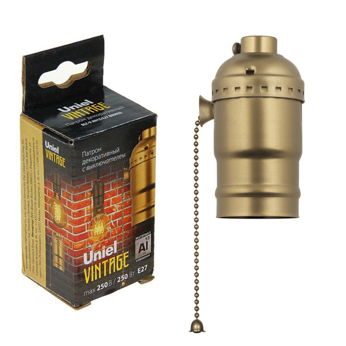 DLC-V-H01Z/E27 BRONZE Патрон декоративный : серия «Vintage». Выключатель шнуровой (цепочка). Материал алюминий. Цвет бронза. ТМ Uniel.