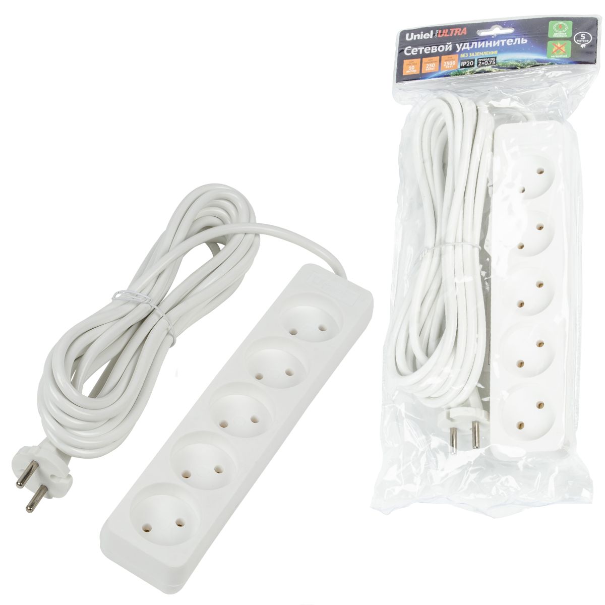 S-CU5-5 WHITE Удлинитель серии Ultra, шнур 5м., 5 гнезд, 10A, б/з. Белый. TM Uniel