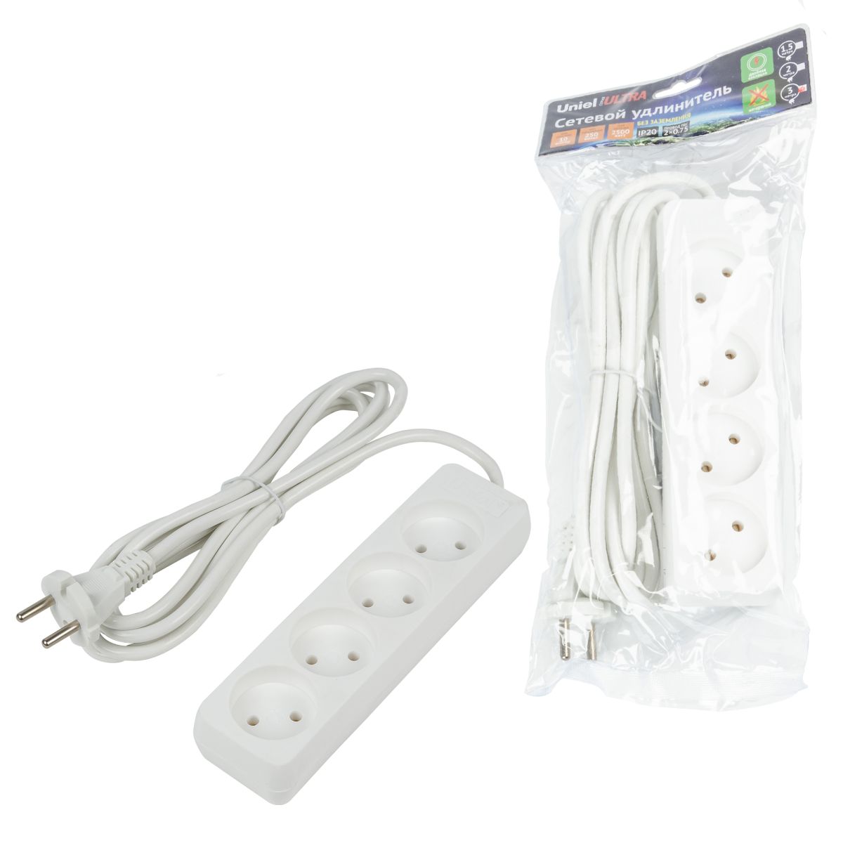 S-CU4-3 WHITE Удлинитель серии Ultra, шнур 3м., 4 гнезда, 10A, б/з. Белый. TM Uniel