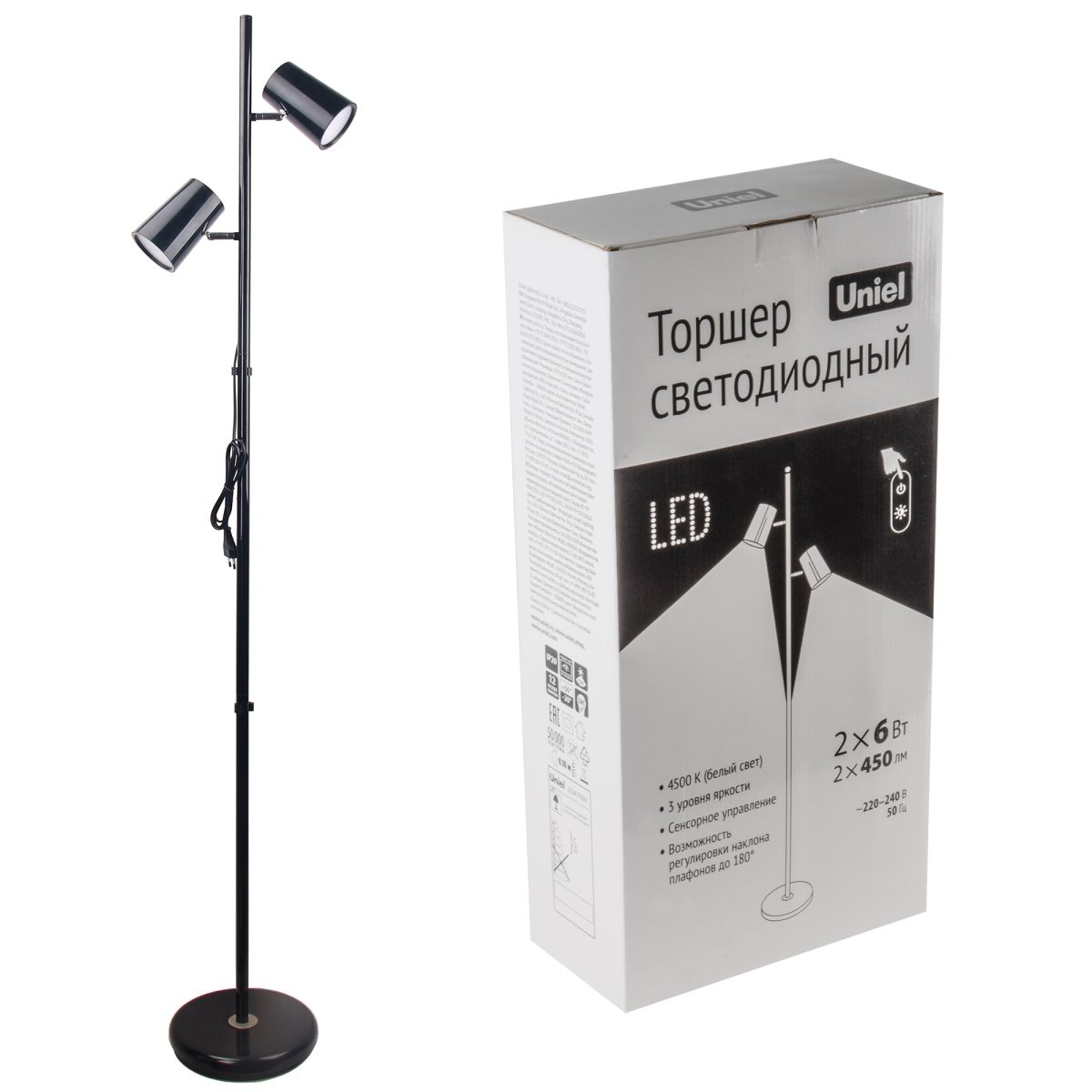 ULM-T600 2х6W/4500K/DIM BLACK Торшер напольный светодиодный, 2х6W. Сенсорный выключатель. Диммер. Че