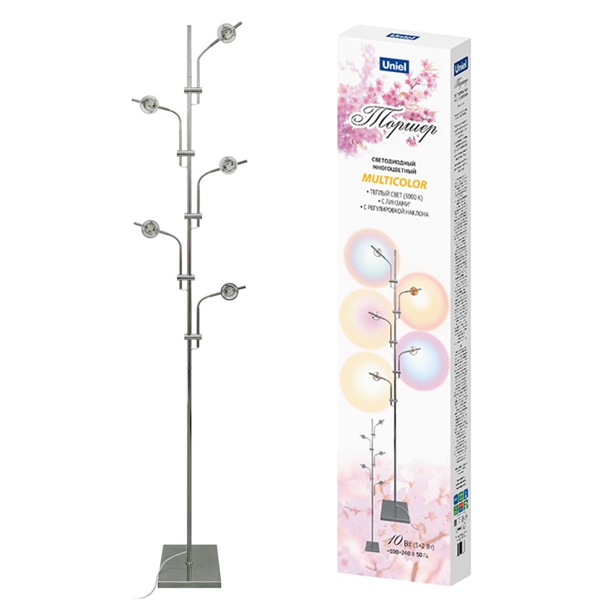 ULM-T640 5x2W/3000K CHROME MULTICOLOR Торшер напольный светодиодный, c регулировкой наклона, с линза