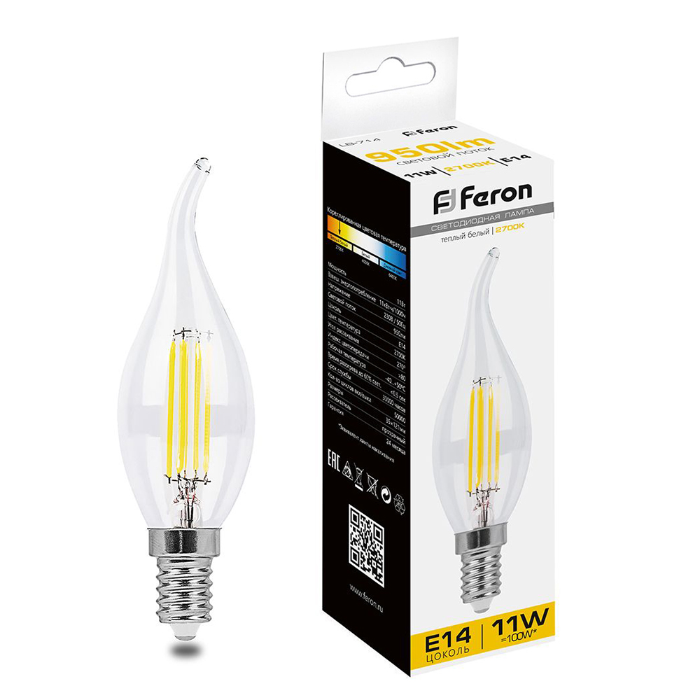 Лампа светодиодная, (11W) 230V E14 2700K прозрачная, LB-714