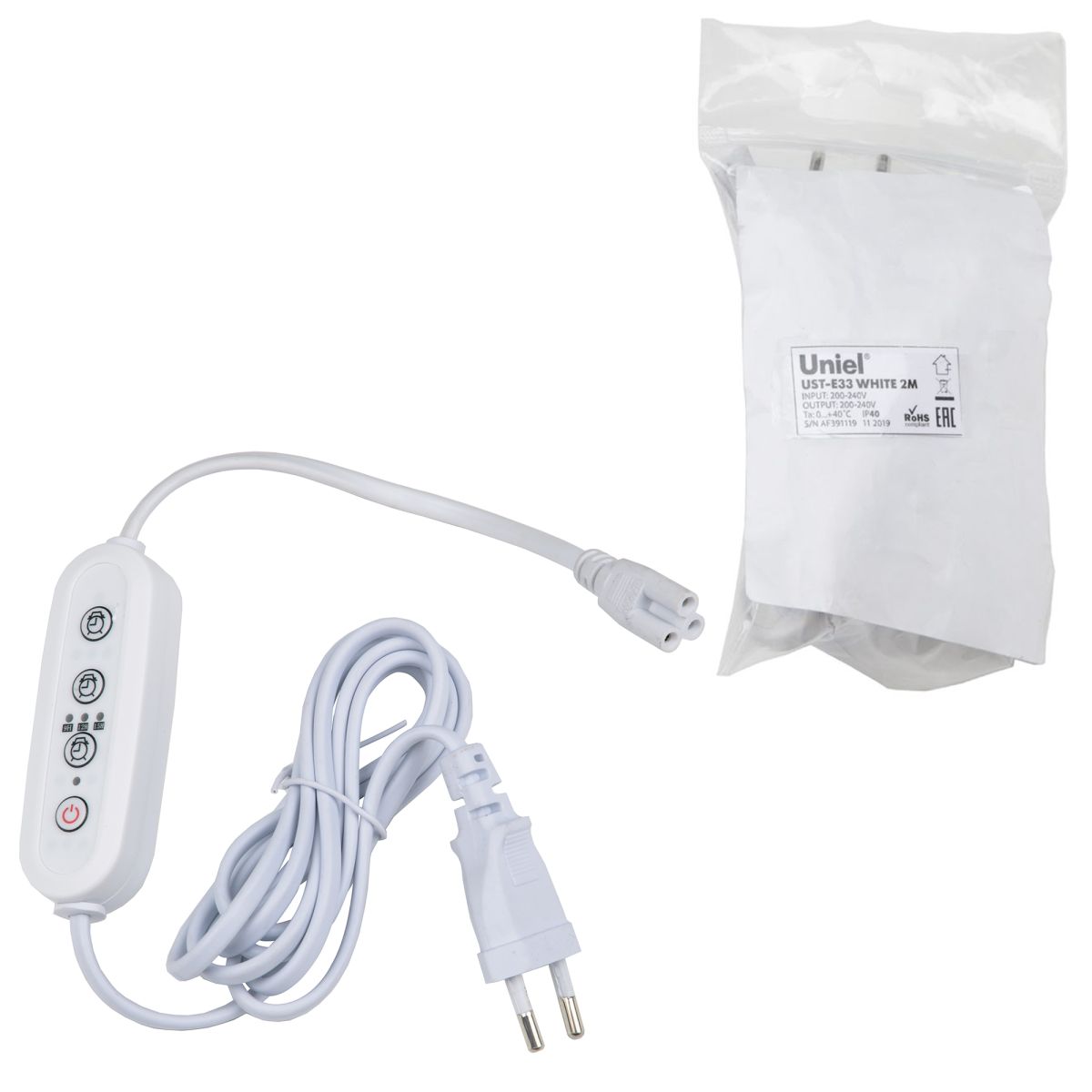UST-E33 WHITE 2M Таймер с вилкой и разъемом L,N,G для фито светильника, 220В. 150Вт. Провод 2 метра.
