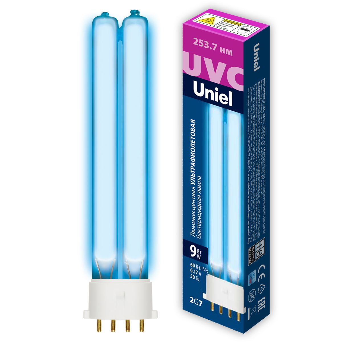 ESL-PL-9/UVCB/2G7/CL Лампа люминесцентная ультрафиолетовая бактерицидная. Спектр UVC 254нм. Картон.