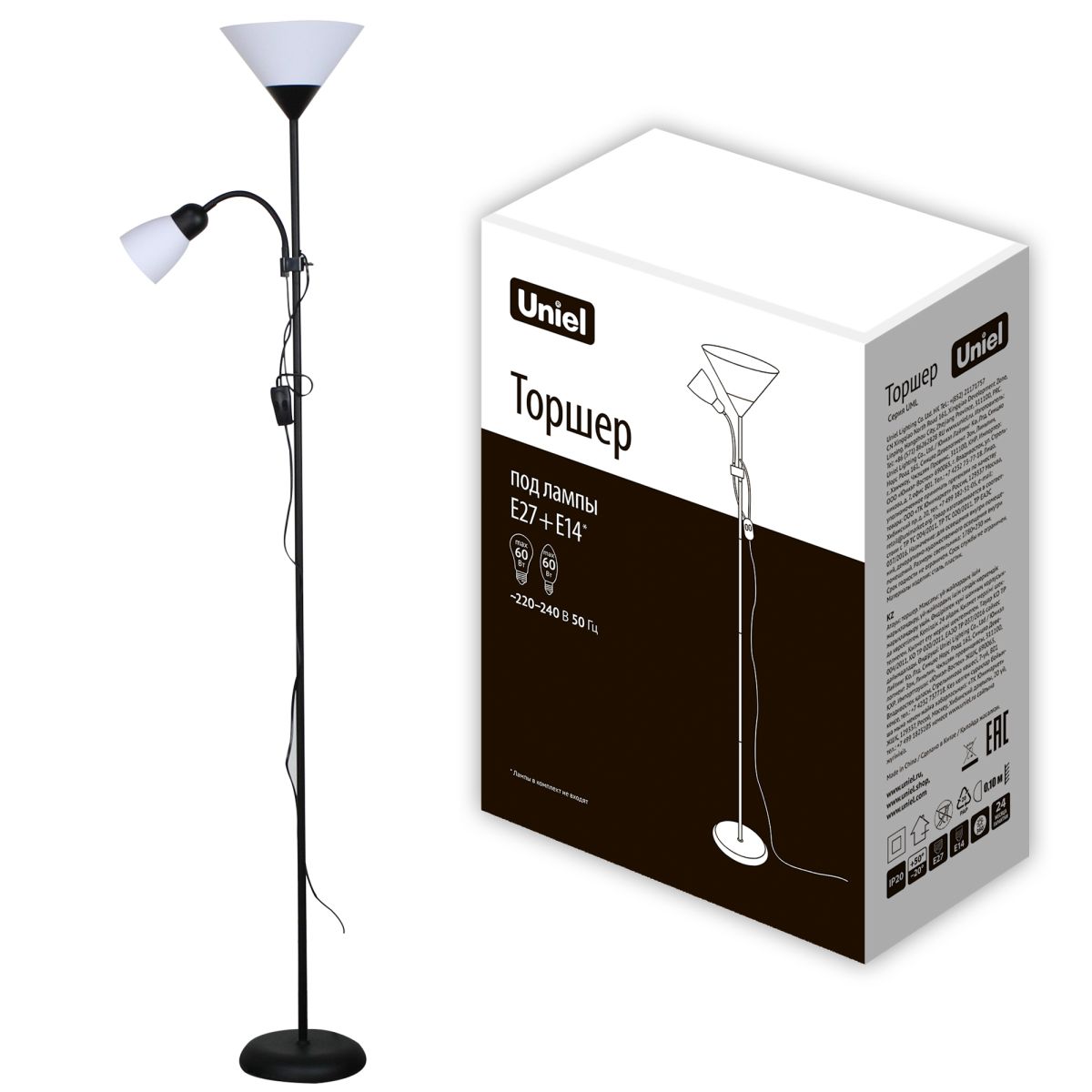 UML-T520 E27+E14 BLACK/WHITE Торшер напольный под лампу Е27 и Е14, 2х60W. Черный/Белый. ТМ Uniel