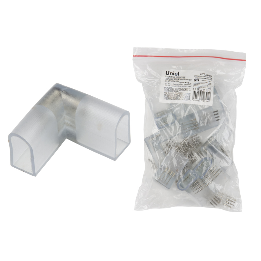 UTC-K-24/N22 CLEAR 010 POLYBAG Соединитель контактный L-образный для светодиодных лент ULS-N22 RGB NEON 220В, 10x18мм, 4 контакта Цвет прозрачный, 10 штук в пакете. TM Uniel