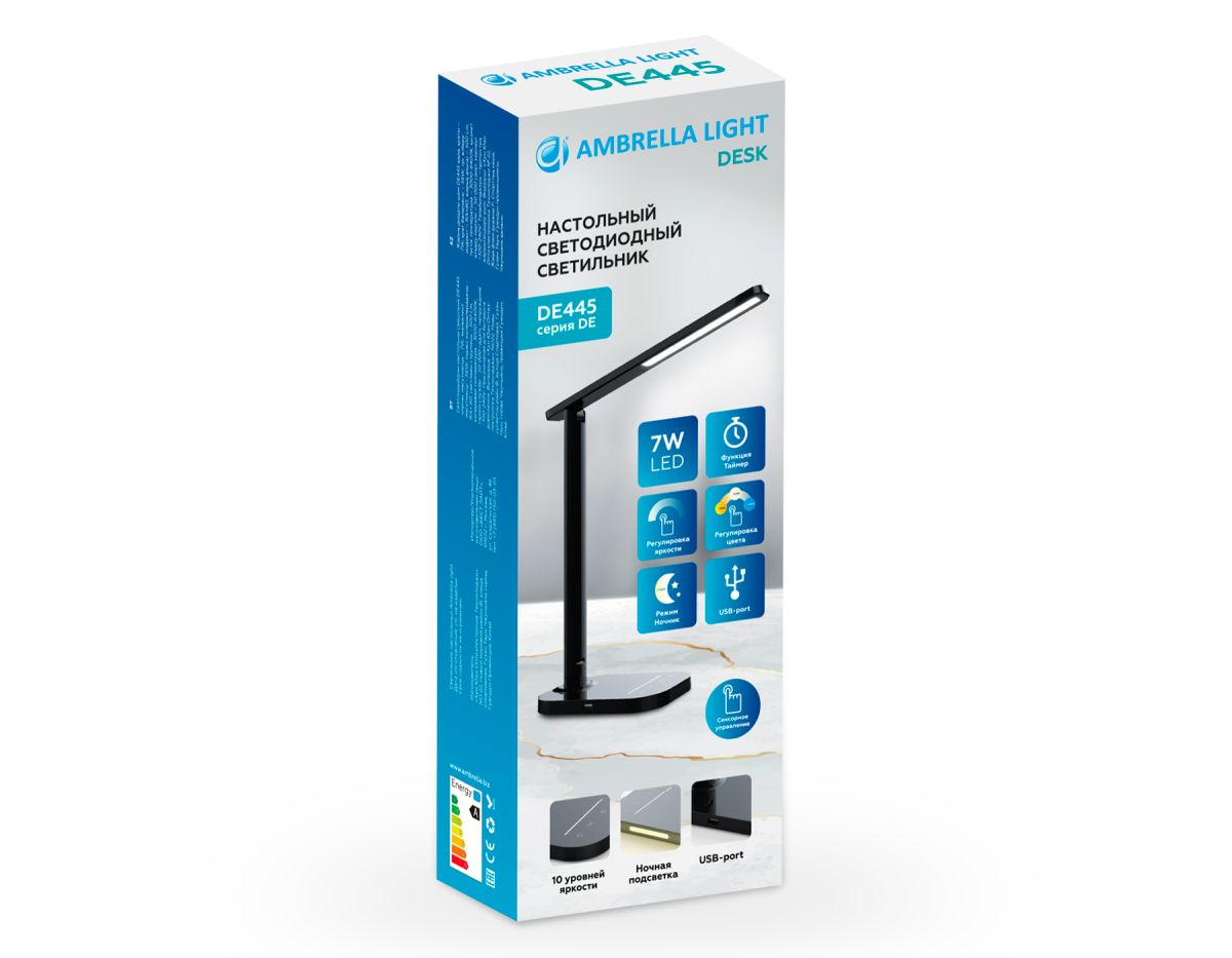 Светодиодная настольная лампа с USB портом и таймером DE445 BK черный LED 3000-6400K 7W