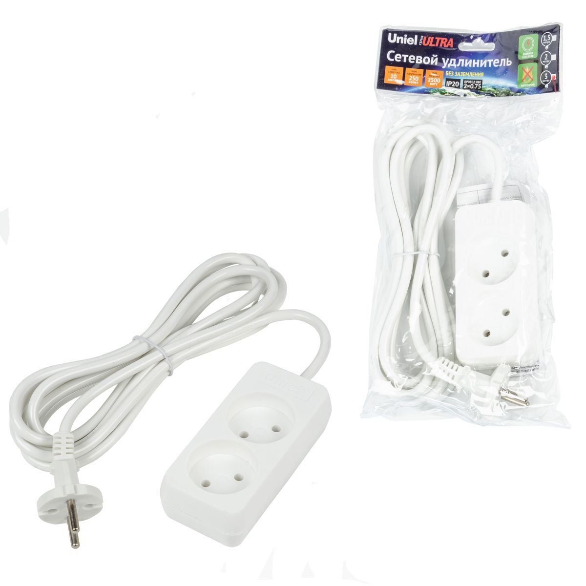 S-CU2-3 WHITE Удлинитель серии Ultra, шнур 3м., 2 гнезда, 10A, б/з. Белый. TM Uniel