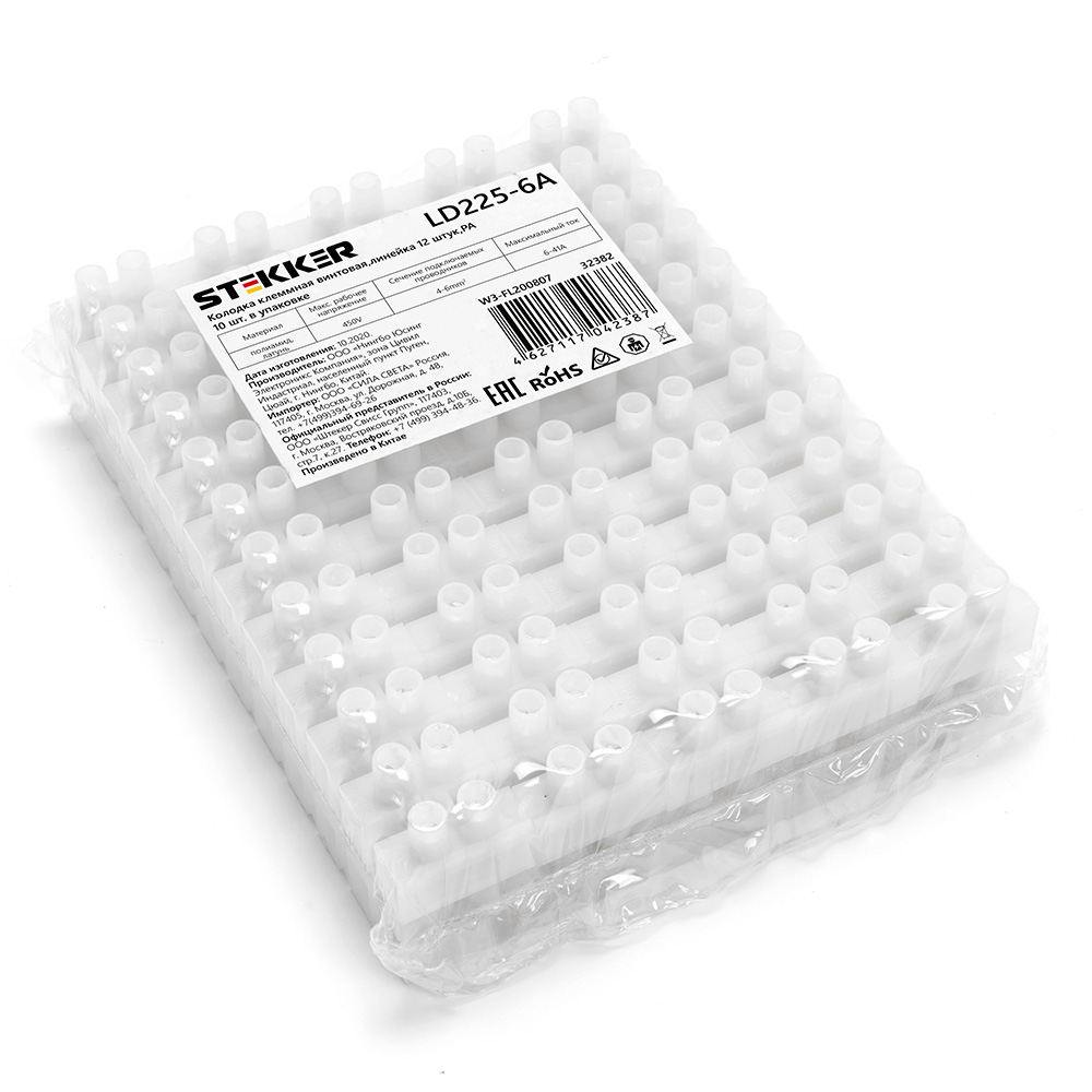 Колодка клеммная винтовая, линейка 12 штук, полиамид, LD225-6A