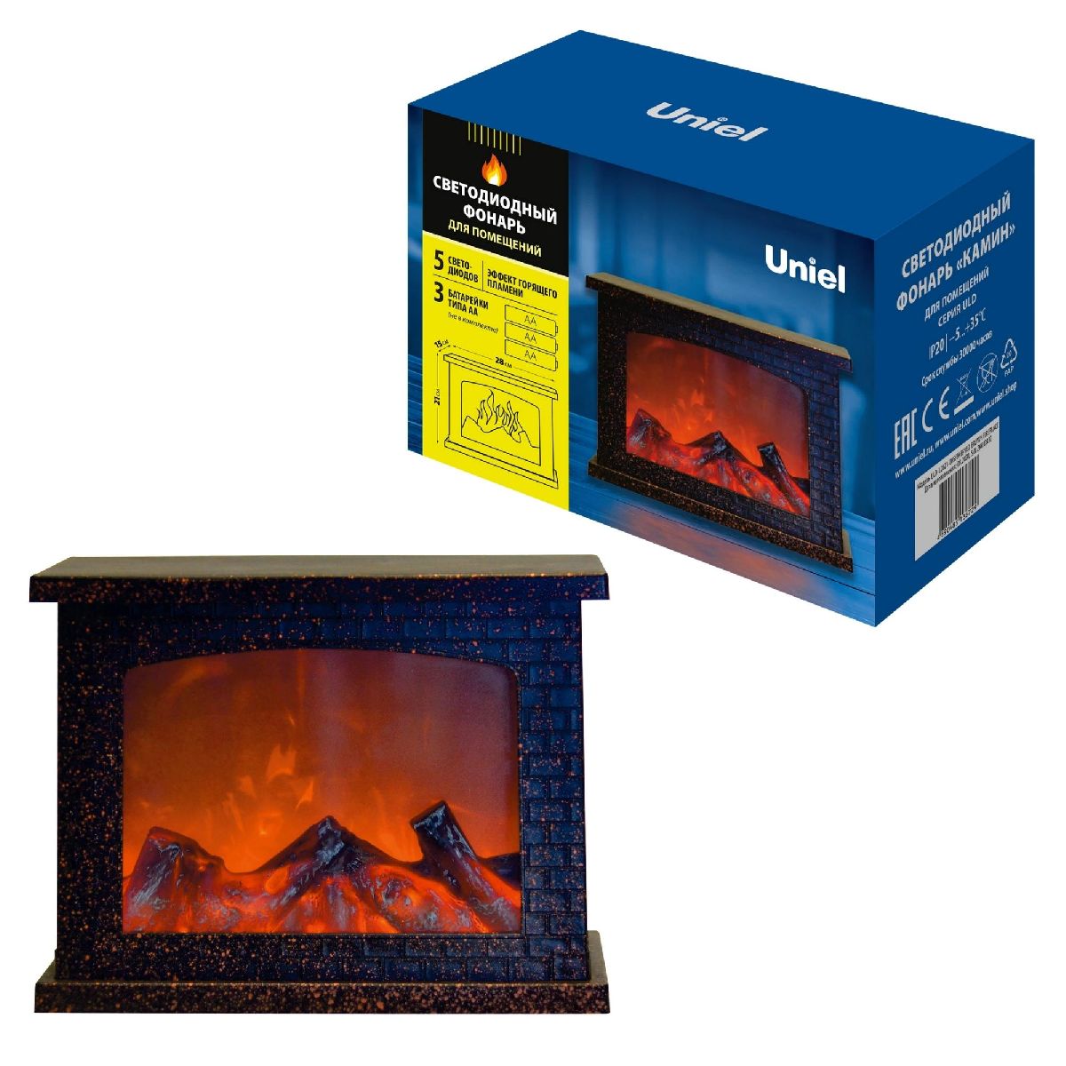 ULD-L2821-005/DNB/RED BROWN FIREPLACE Фонарь светодиодный «Камин», на батарейках 3АА (не в/к), 28х21