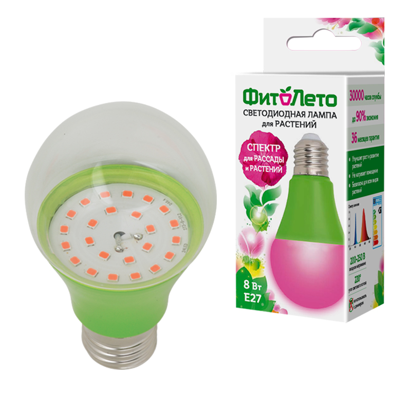 LED-A60-8W/SPSB/E27/CL PLP30GR : Лампа светодиодная для растений. Форма "A", прозрачная. Спектр для рассады и цветения. Картон. ТМ ФитоЛето