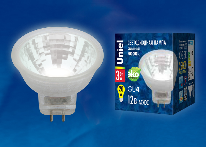 LED-MR11-3W/NW/GU4 GLZ21TR : Лампа светодиодная, 12V. Прозрачная. Белый свет (4000K). Картон. ТМ Uniel.