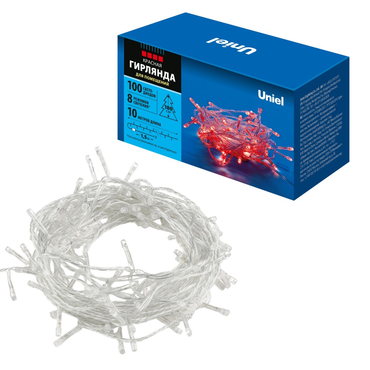 ULD-S1000-100/DTA RED IP20 Гирлянда светодиодная, 10м. 100 светодиодов. Красный свет. Провод прозрач