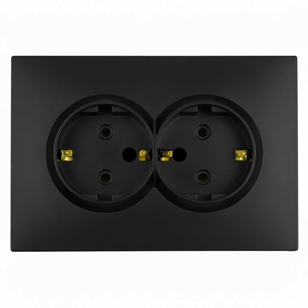 Розетка 2-местная с защитной шторкой с/з 250В, 16А, серия Эмили, RST16-5114-05, черный уголь, soft touch