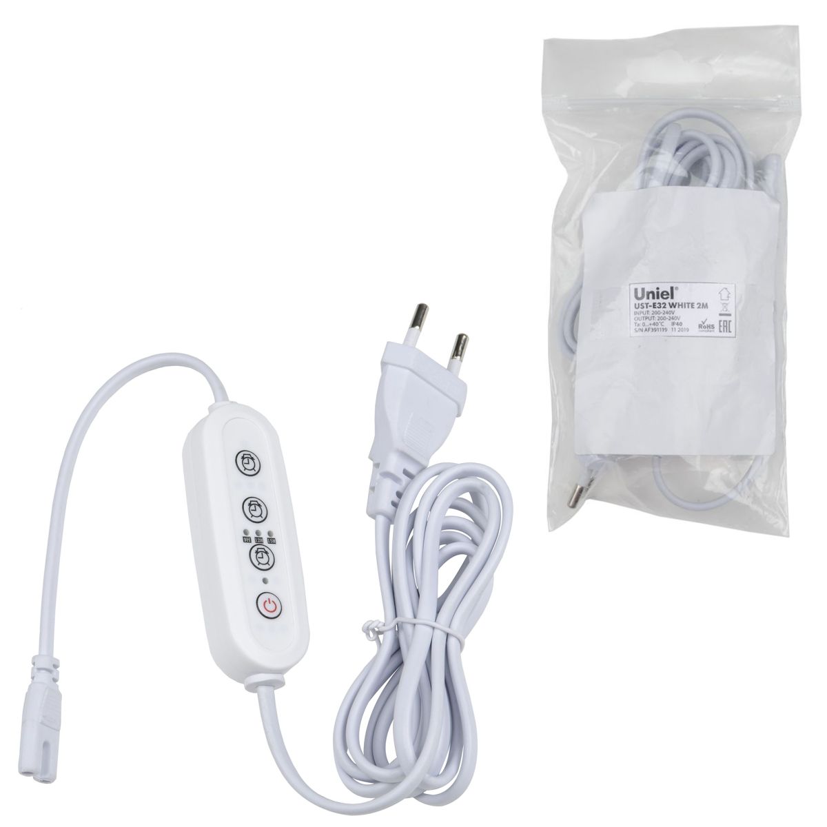 UST-E32 WHITE 2M Таймер с вилкой и разъемом L,N для фито светильника, 220В. 150Вт. Провод 2 метра. Т