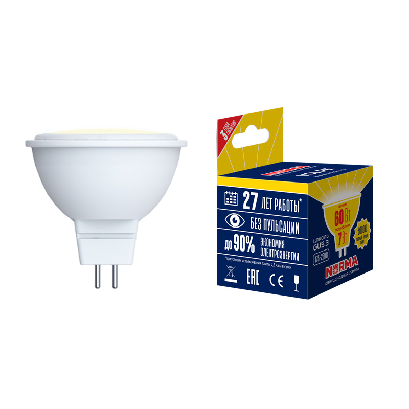 LED-JCDR-10W/WW/GU5.3/NR Лампа светодиодная : Форма "JCDR", матовая. Серия Norma. Теплый белый свет (3000K). Картон. ТМ Volpe