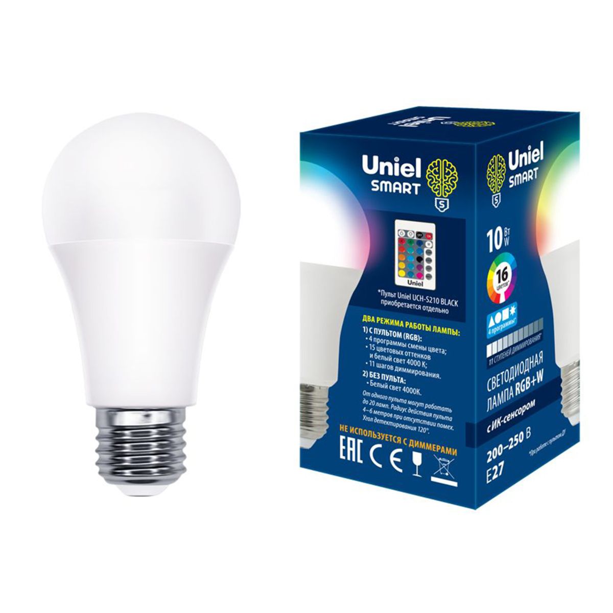 LED-A60-10W/RGB/E27/REG PLS21WH Лампа светодиодная с ИК сенсором Форма "А", матовая. RGB свет. Пульт ДУ (н/к). Картон. ТМ Uniel