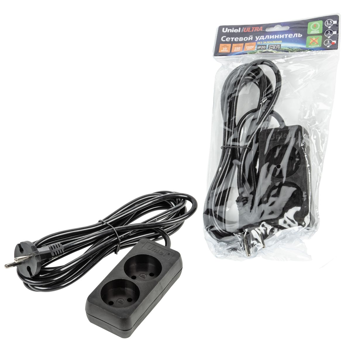 S-CU2-3 BLACK Удлинитель серии Ultra, шнур 2м., 2 гнезда, 10A, б/з. Черный. TM Uniel