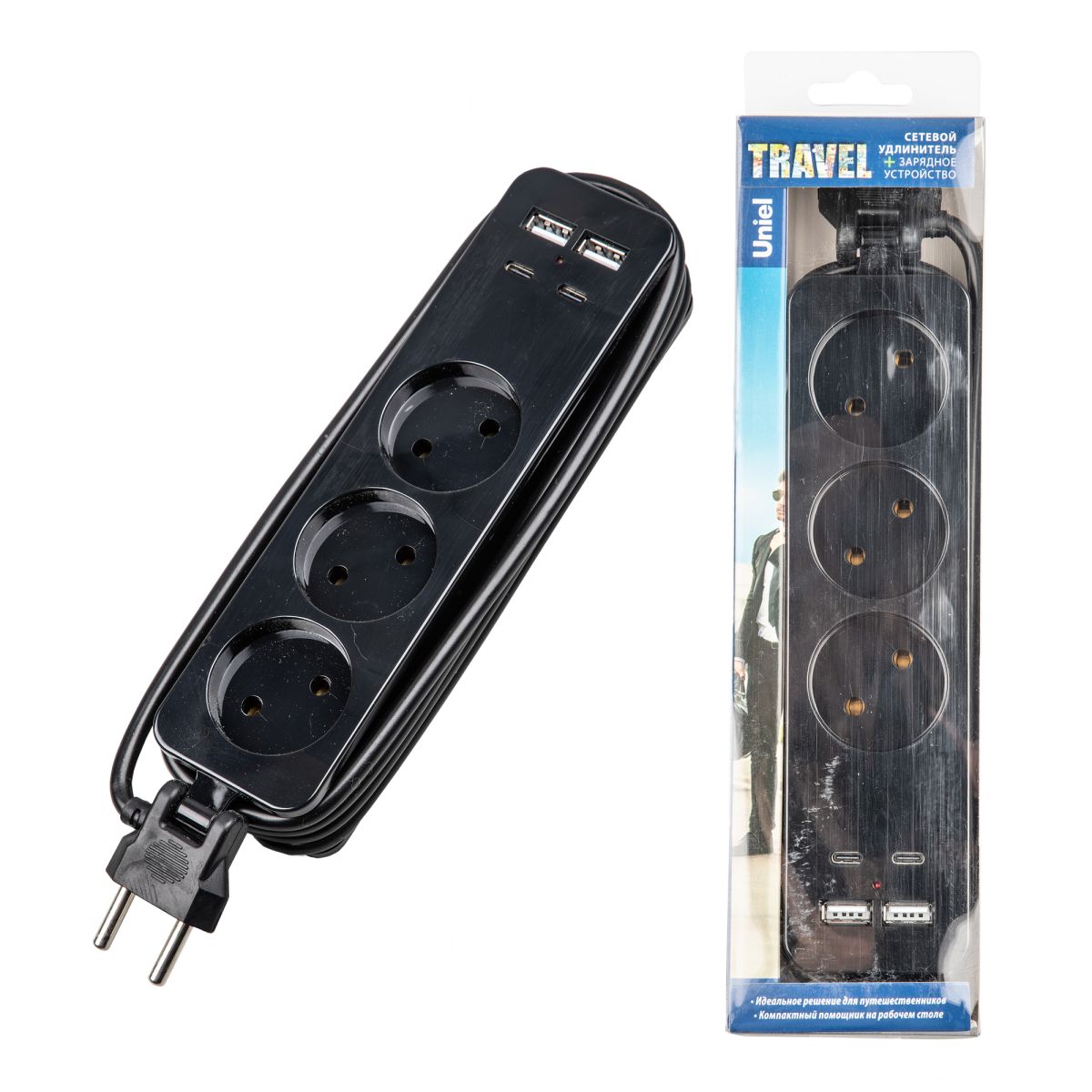 S-CT3-1,8UC BLACK Удлинитель серии Travel, шнур 1,8м., 3 гнездa, 16A, б/з, 2USB+2TYPE C(3,1A). Черны