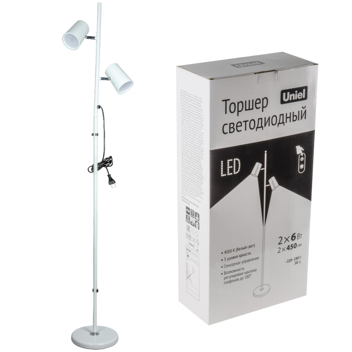 ULM-T600 2х6W/4500K/DIM WHITE Торшер напольный светодиодный, 2х6W. Сенсорный выключатель. Диммер. Бе