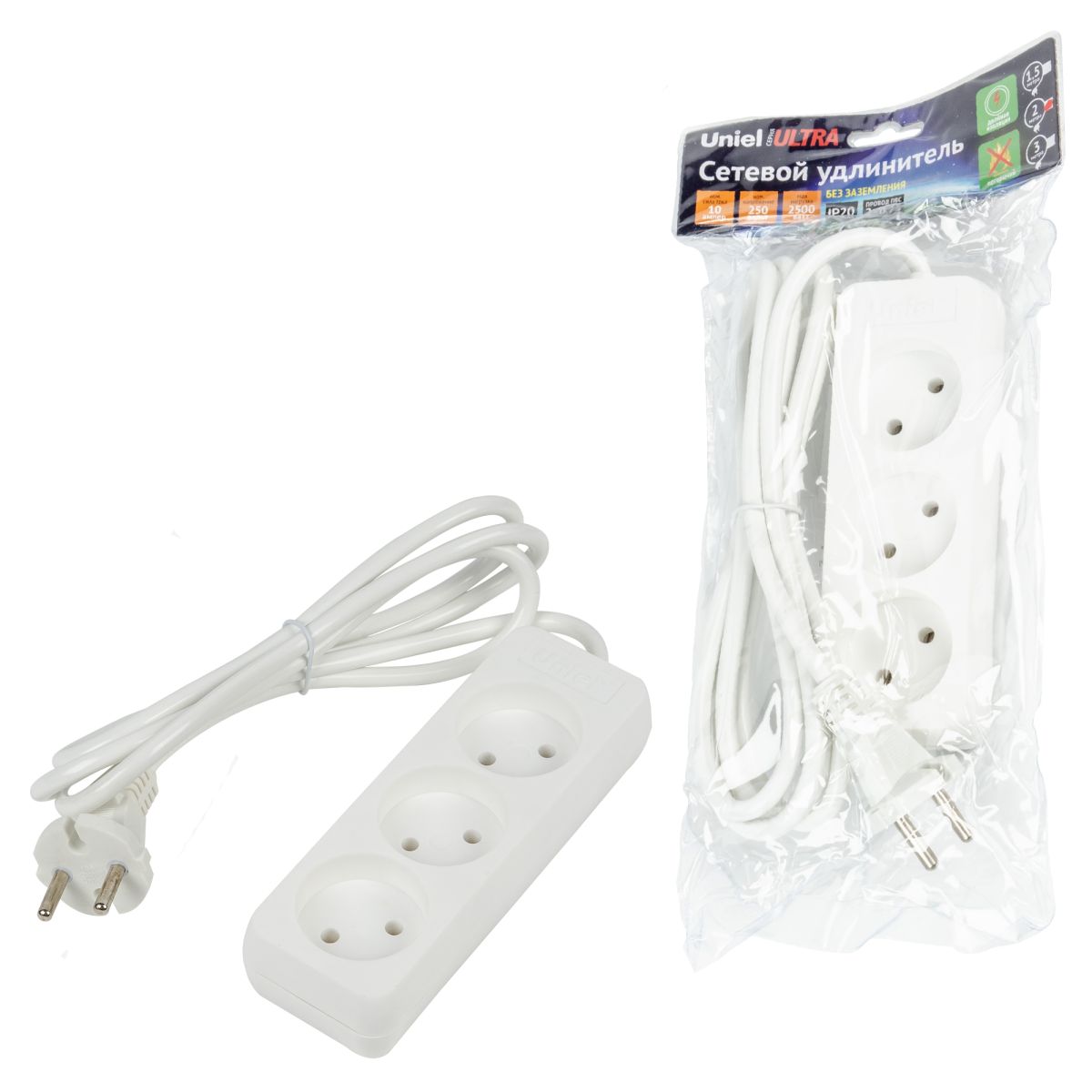 S-CU3-2 WHITE Удлинитель серии Ultra, шнур 2м., 3 гнезда, 10A, б/з. Белый. TM Uniel