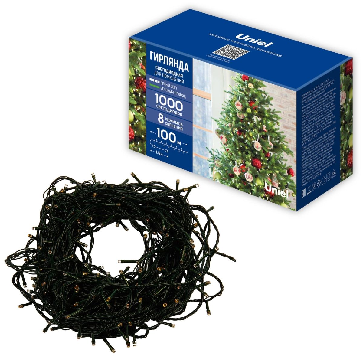 ULD-S10000-1000/DGA WHITE IP20 Гирлянда светодиодная, 100м. 1000 светодиодов. Белый свет. Провод зел