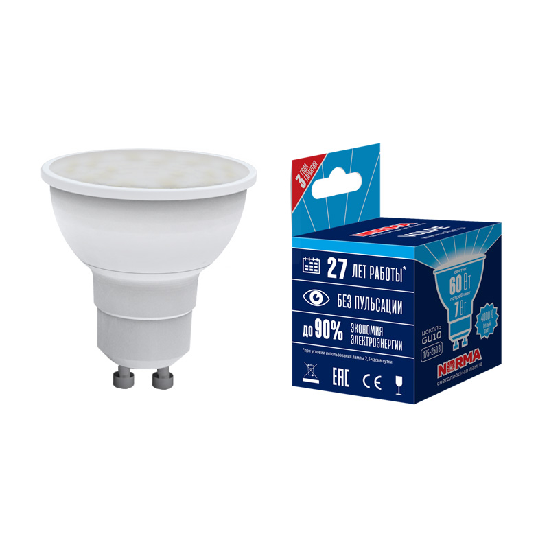LED-JCDR-7W/NW/GU10/NR Лампа светодиодная : Форма "JCDR", матовая. Серия Norma. Белый свет (4000K). Картон. ТМ Volpe
