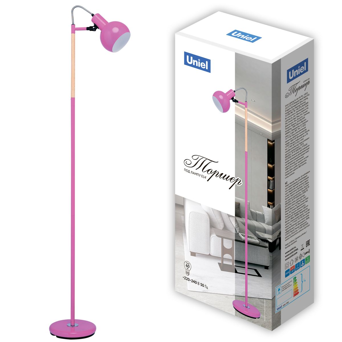 UML-T702 E14 PINK Торшер напольный под лампу Е14, 60W, с регулировкой наклона. Механический выключат