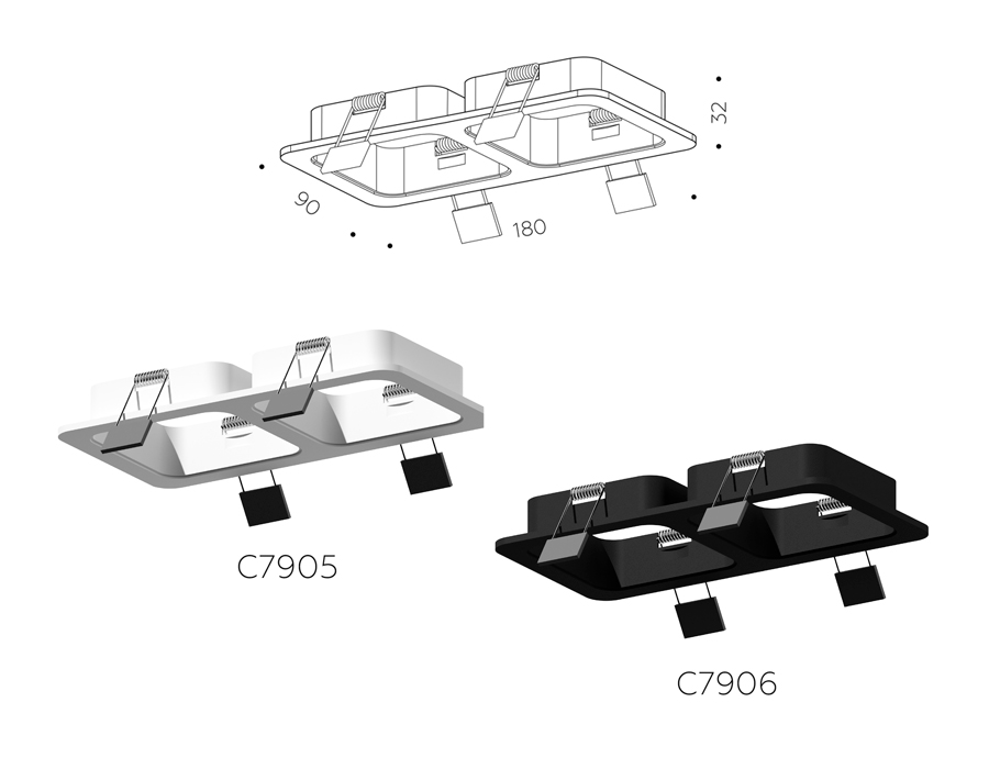 Корпус светильника встраиваемый для насадок 70*70mm C7906 SBK черный песок 180*90*H32mm MR16 GU5.3