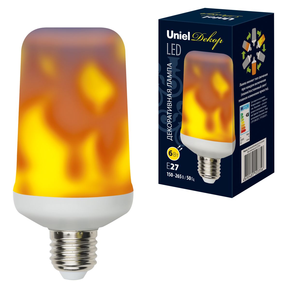 LED-L60-6W/FLAME/E27/FR PLD01WH Лампа светодиодная декоративная с типом свечения «эффект пламени» : Форма «цилиндр», матовая. Картон. ТМ Uniel.