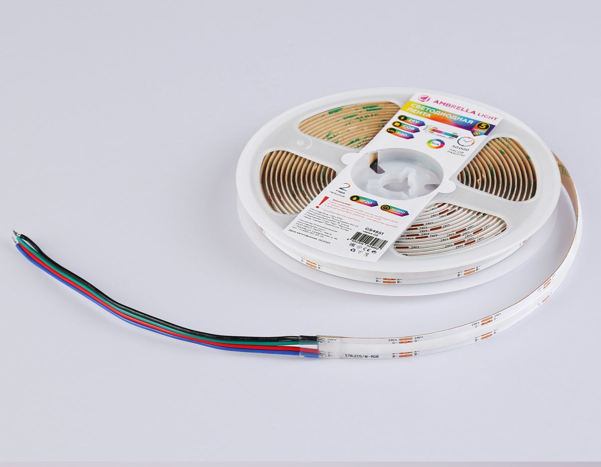Светодиодная лента GS4951 COB 576Led/ 14W m/ 24V IP20 RGB/ 5m*10mm*3mm кратность резки 31.25mm (4 ко