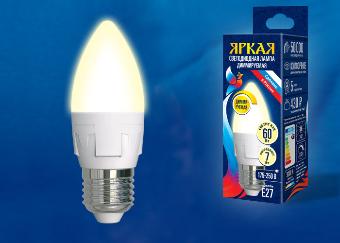 LED-C37 7W/3000K/E27/FR/DIM PLP01WH Лампа светодиодная, диммируемая Форма «свеча», матовая. Серия Яркая. Теплый белый свет (3000K). Картон. ТМ Uniel.