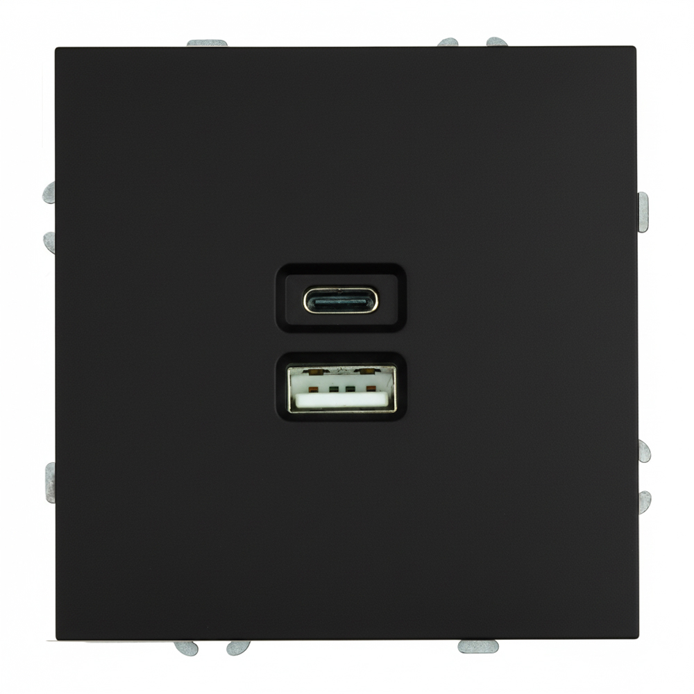 Розетка 2-местная USB + Type C (механизм) 250В, 20W, серия Эмили, RST10-5115-05, черный уголь, soft touch