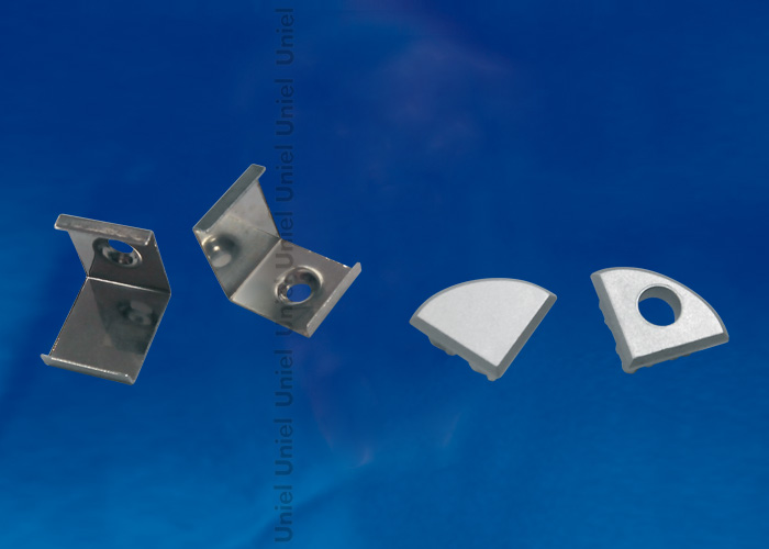 UFE-N06 SILVER A POLYBAG Набор аксессуаров для алюминиевого профиля : Крепежные скобы (4 шт., сталь) и заглушки (4 шт., пластик). Цвет серебро. ТМ Uniel.