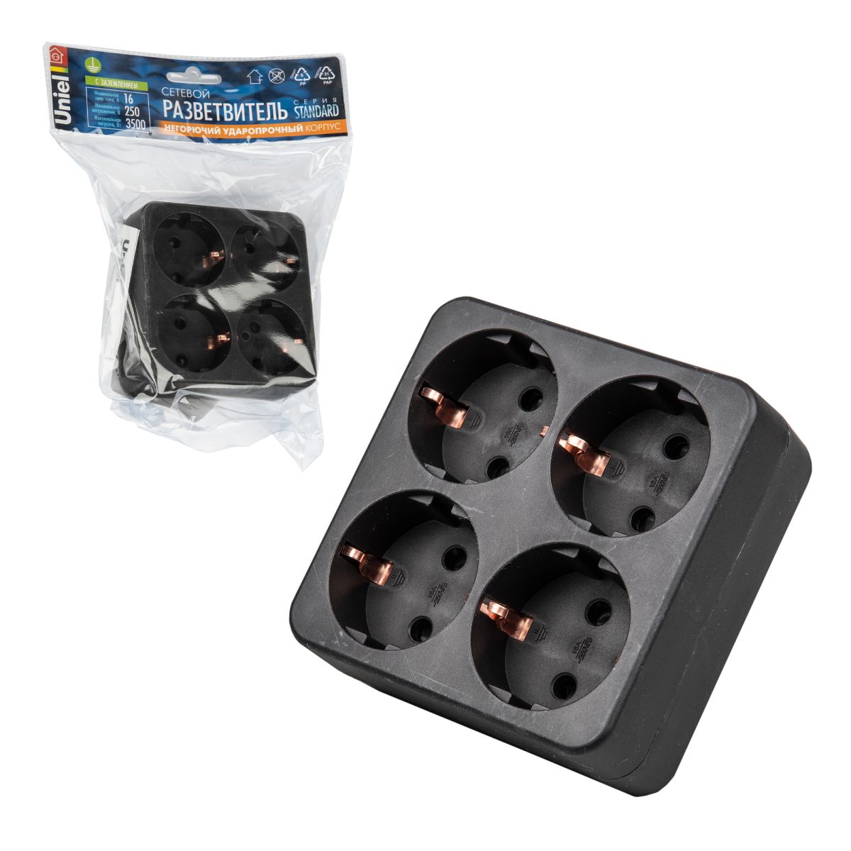 S-GES4-16S BLACK Разветвитель сетевой, с/з. 4 гнезда. 16А, 3500Вт. Черный. ТМ Uniel S-GES4-16S BLACK Разветвитель сетевой, с/з. 4 гнезда. 16А, 3500Вт. Черный. ТМ Uniel
