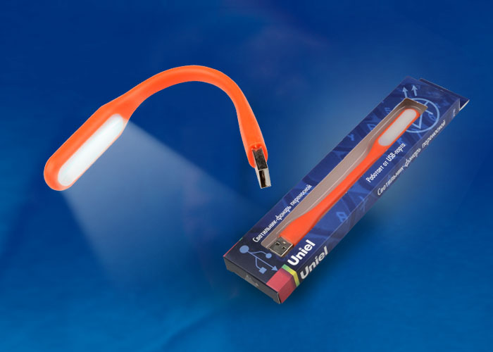 TLD-541 Orange Светильник-фонарь переносной Uniel, прорезиненный корпус, 6 LED, питание от USB-порта