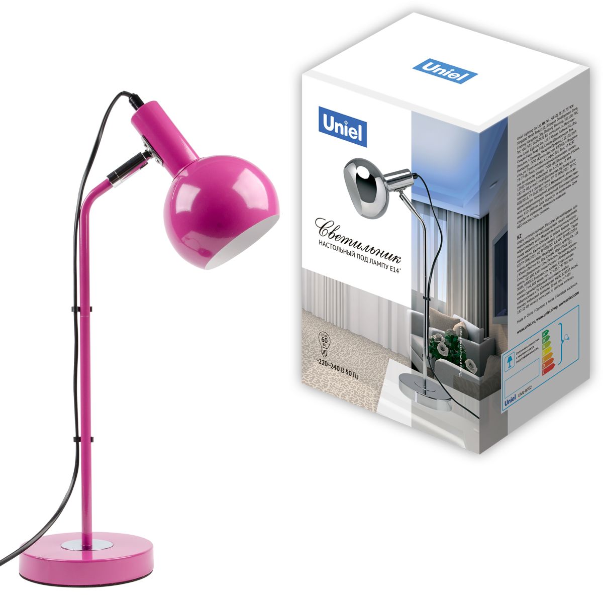 UML-B702 E14 PINK Светильник настольный, 60W. Цоколь Е14. Механический выключатель. Розовый. ТМ Unie
