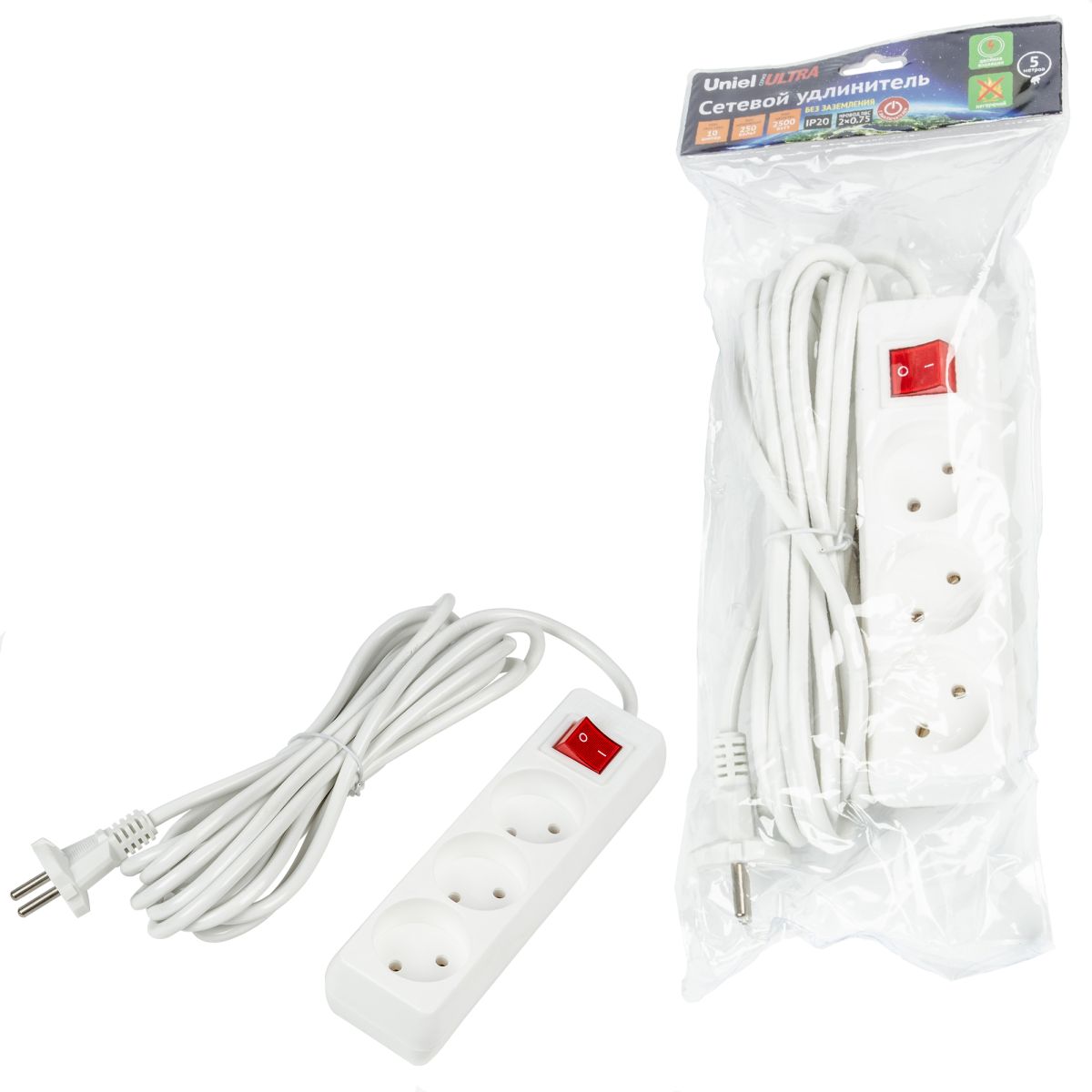 S-CU3-5B WHITE Удлинитель серии Ultra, шнур 5м., 3 гнезда, 10A, б/з. Белый. TM Uniel
