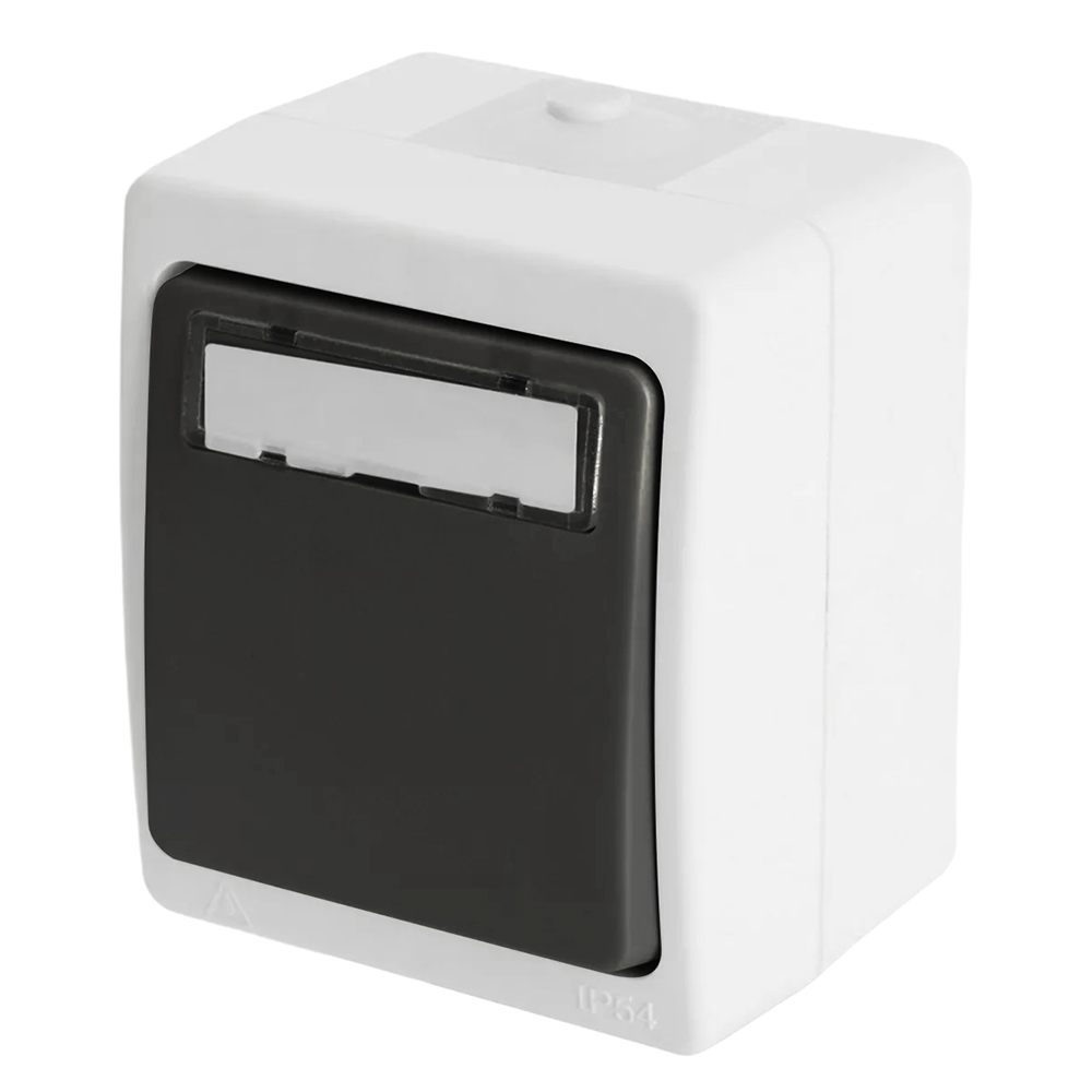 Выключатель 1-клавишный с окном для маркировки самовозвратный,10 А, IP54, серия Велена, серый/графит