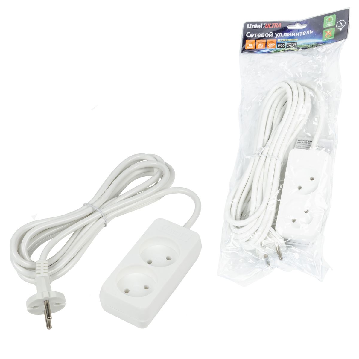 S-CU2-5 WHITE Удлинитель серии Ultra, шнур 5м., 2 гнезда, 10A, б/з. Белый. TM Uniel