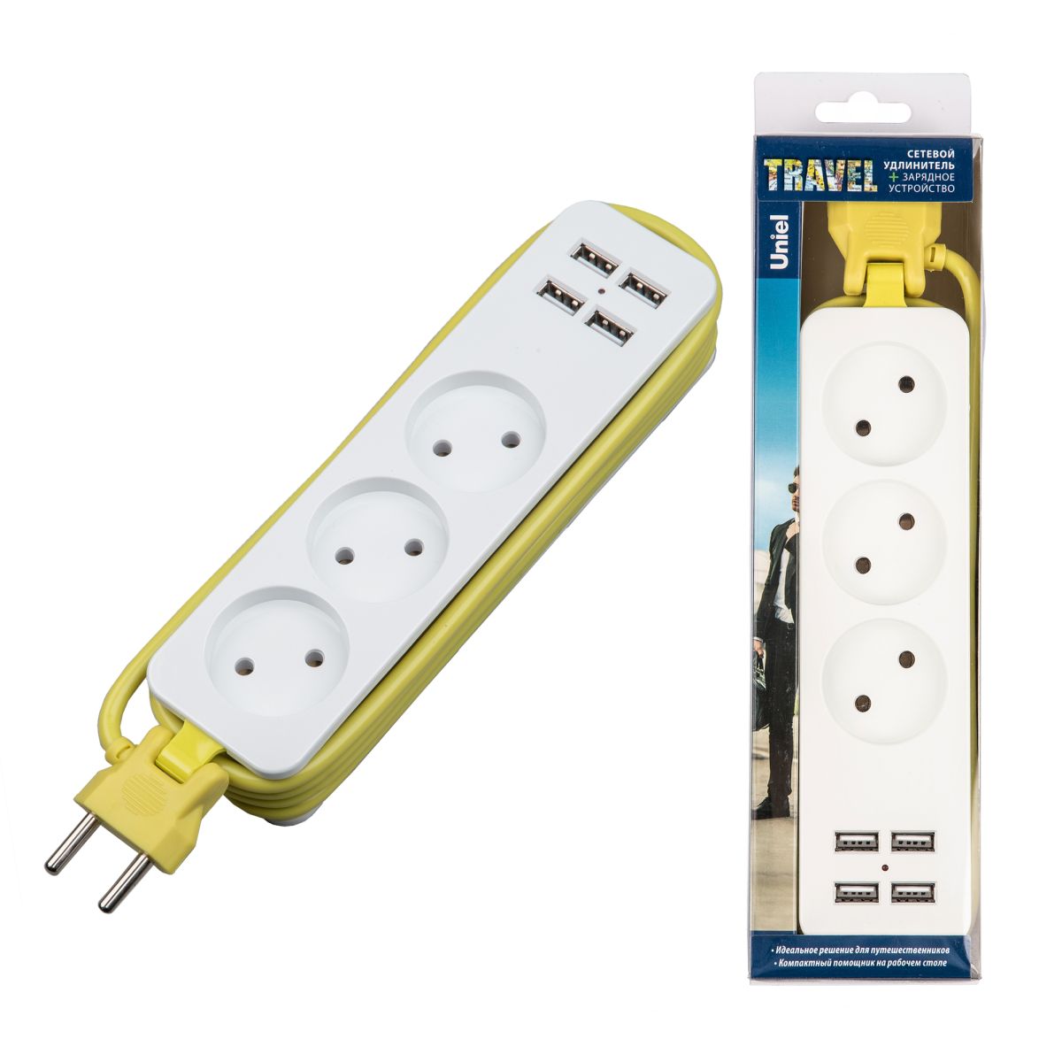 S-CT3-1,8U WHITE/GREEN Удлинитель серии Travel, шнур 1,8м., 3 гнездa, 16A, б/з, 4USB(3,1A). Белый с