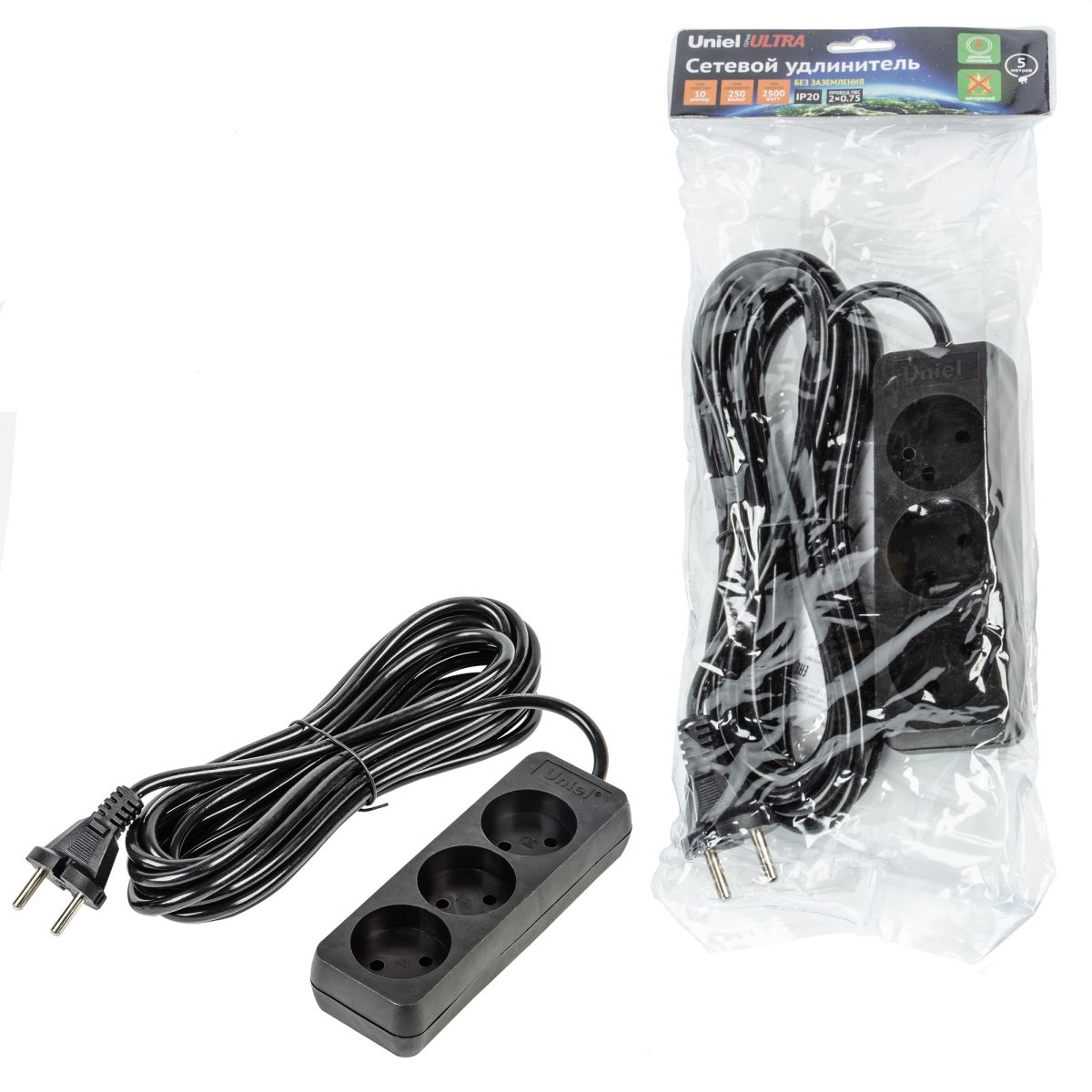 S-CU3-5 BLACK Удлинитель серии Ultra, шнур 5м., 3 гнезда, 10A, б/з. Черный. TM Uniel