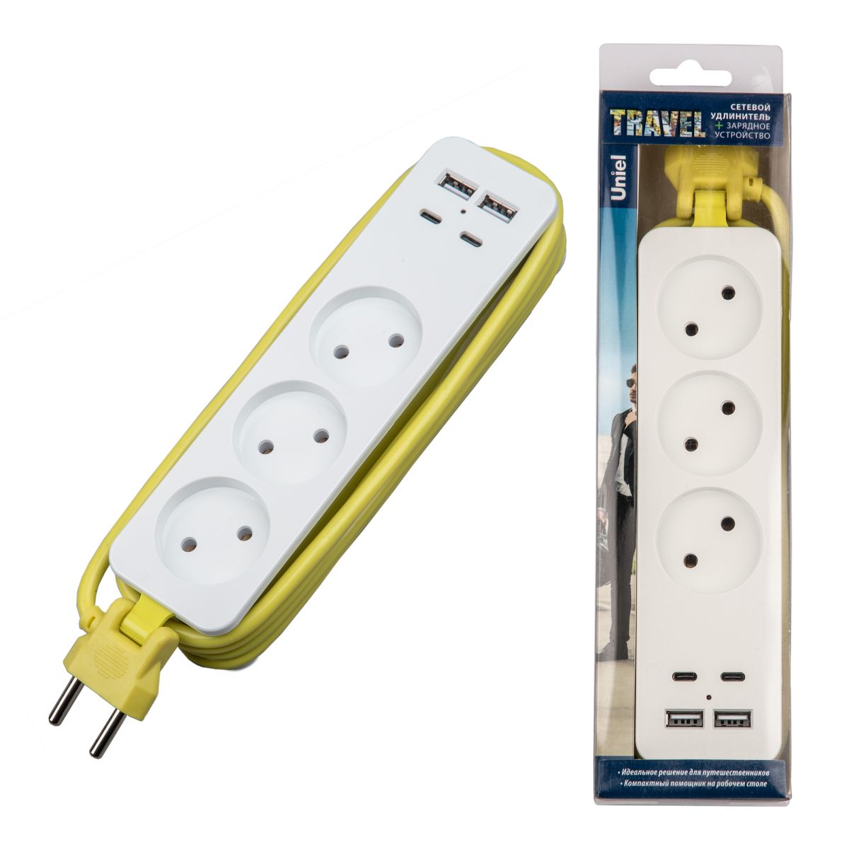 S-CT3-1,8UC WHITE/GREEN Удлинитель серии Travel, шнур 1,8м., 3 гнездa, 16A, б/з, 2USB+2TYPE C(3,1A).