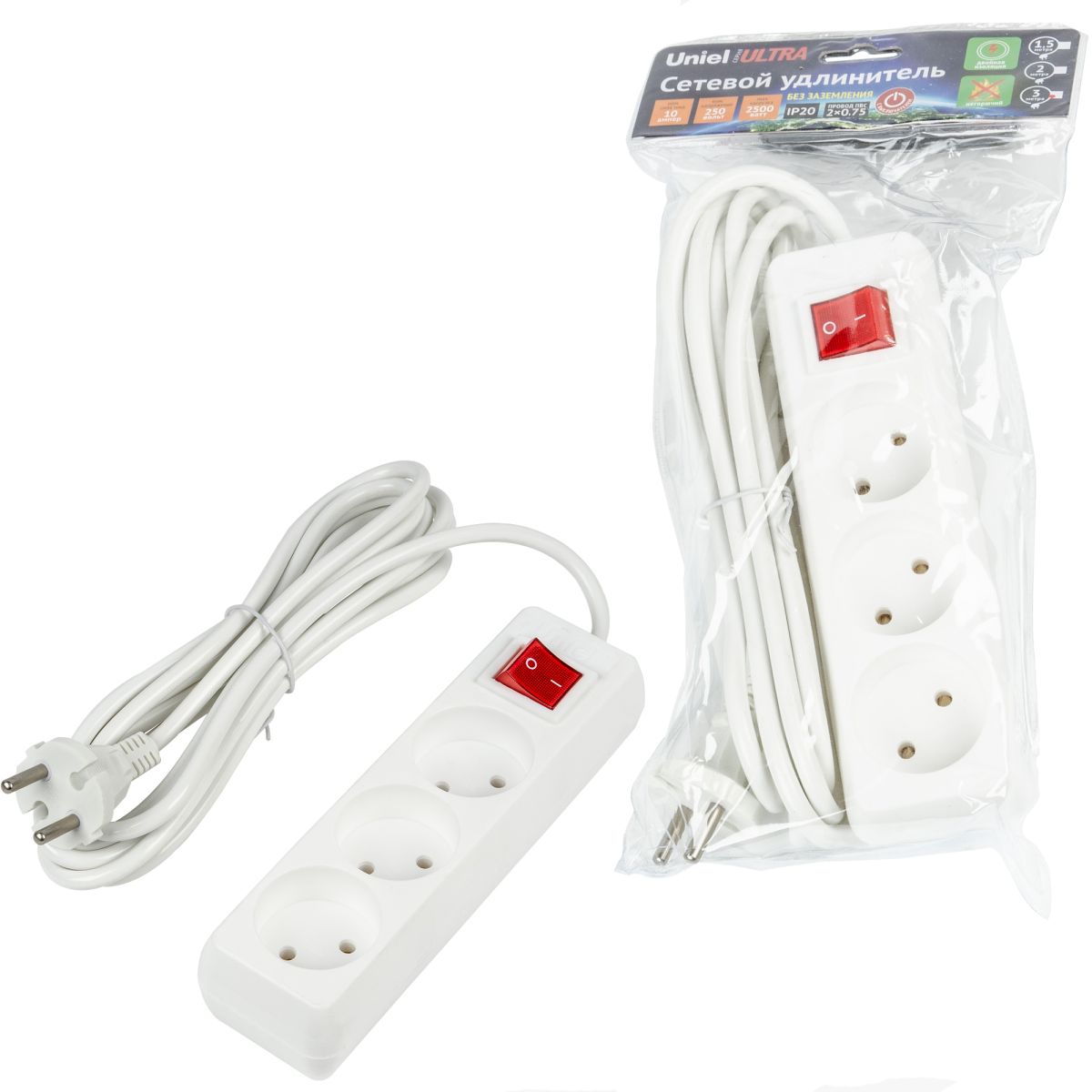 S-CU3-3B WHITE Удлинитель серии Ultra, шнур 3м., 3 гнезда, 10A, б/з. Белый. TM Uniel