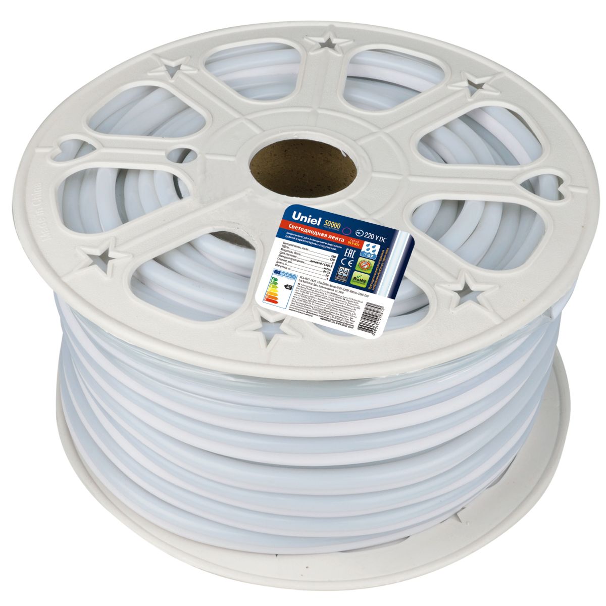 ULS-N21-2835-120LED/m-8mm-IP67-220V-8W/m-50M-DW Светодиодная гибкая герметичная лента. NEON. Бобина