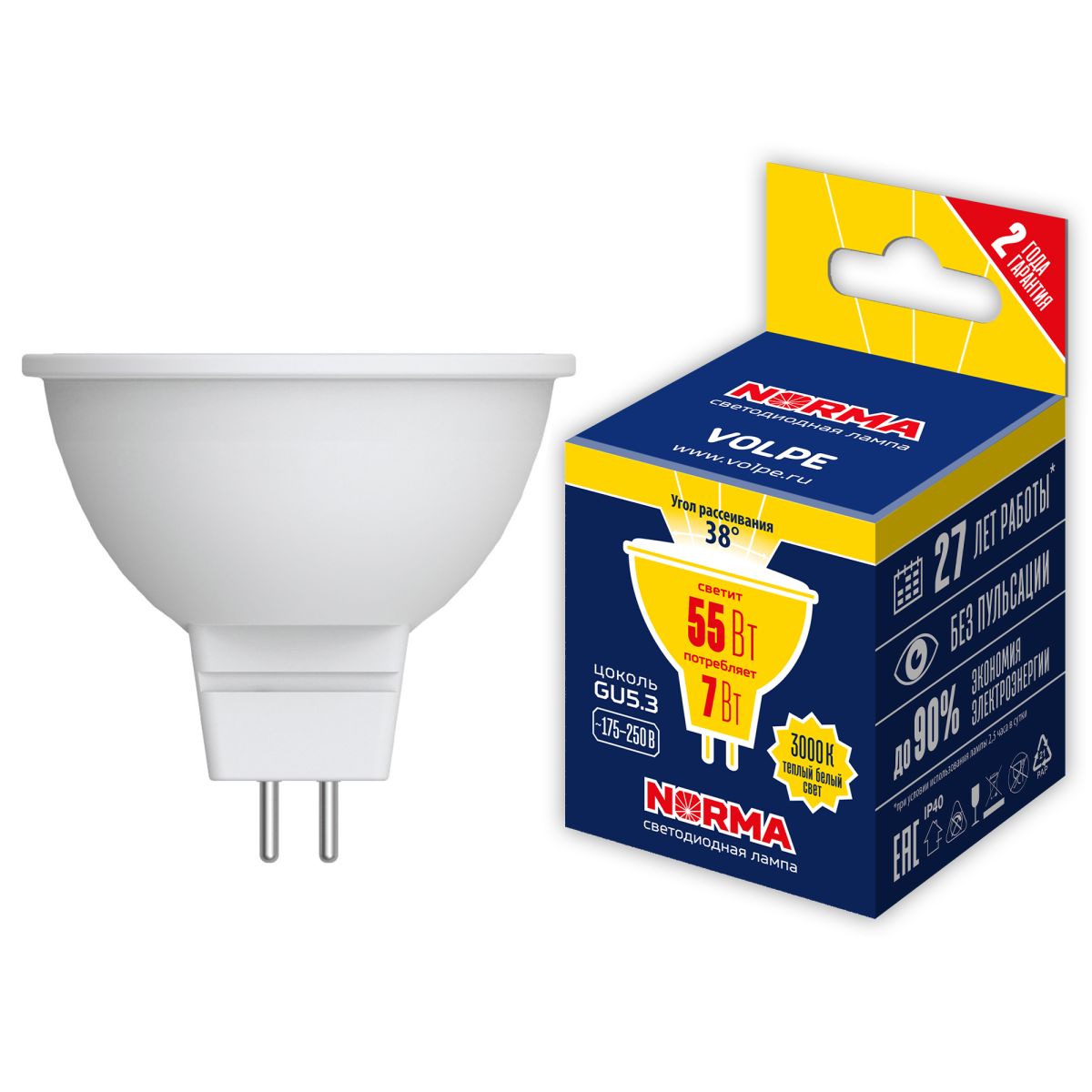 LED-JCDR-7W/3000K/GU5.3/38D/NR Лампа светодиодная. Форма "JCDR", матовая. Серия Norma. Теплый белый
