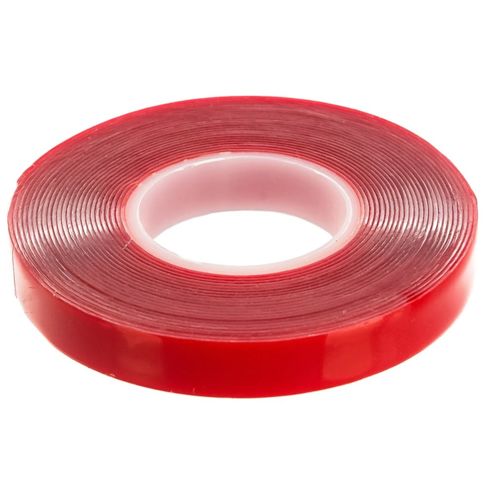 Скотч акриловый двусторонний 0,8*12 мм, длина 5м, прозрачный , красная подложка ,INTP5-0812-5