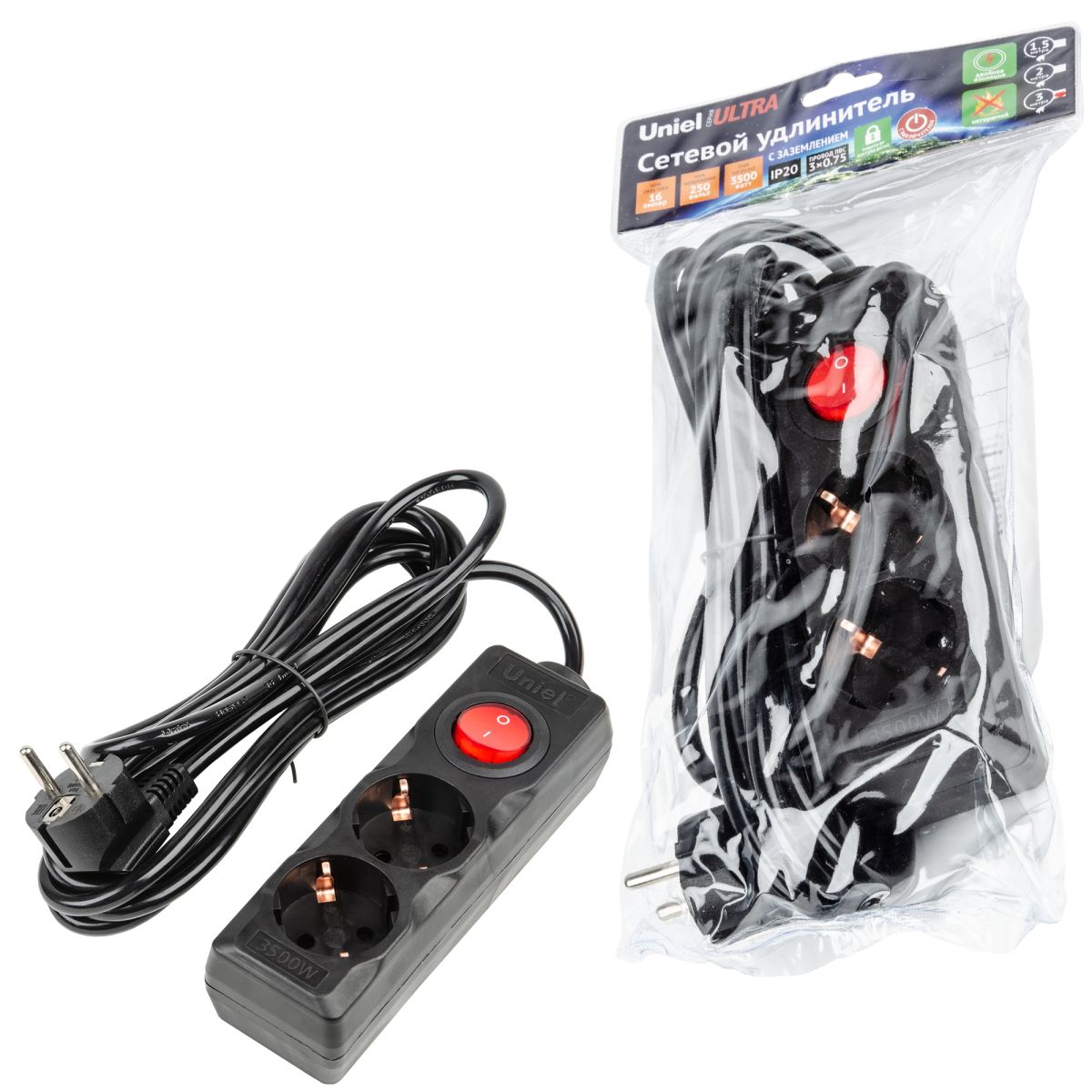 S-GCU2-3B BLACK Удлинитель серии Ultra, шнур 3м., 2 гнезда, 16A, с/з. Черный. TM Uniel S-GCU2-3B BLACK Удлинитель серии Ultra, шнур 3м., 2 гнезда, 16A, с/з. Черный. TM Uniel