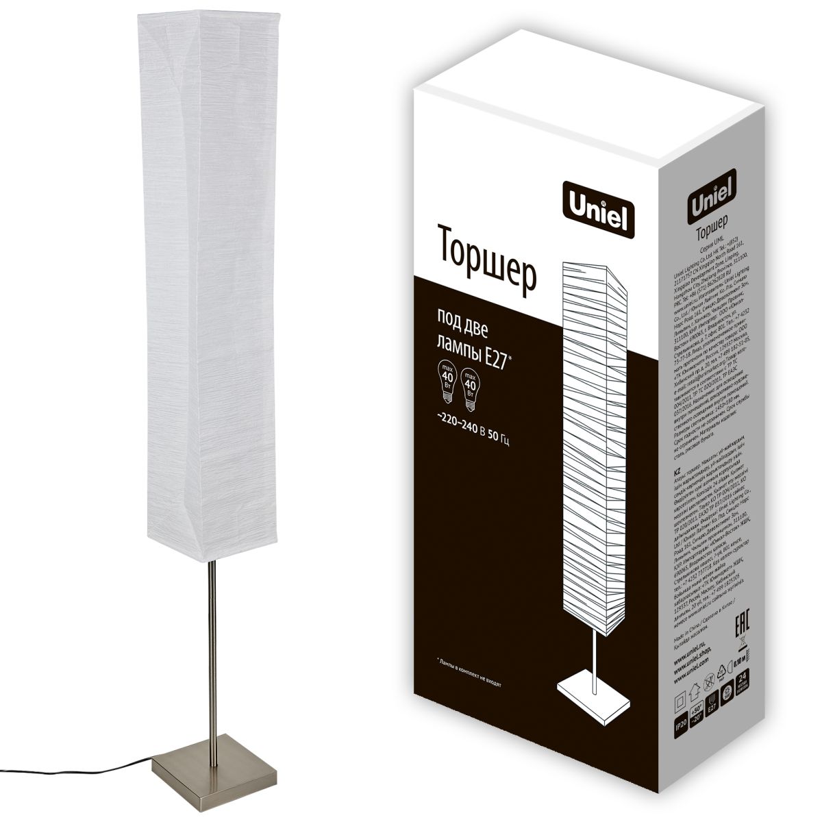 UML-T400 2хE27 WHITE Торшер напольный под две лампы E27, 2х60W. Механический выключатель. Белый. ТМ